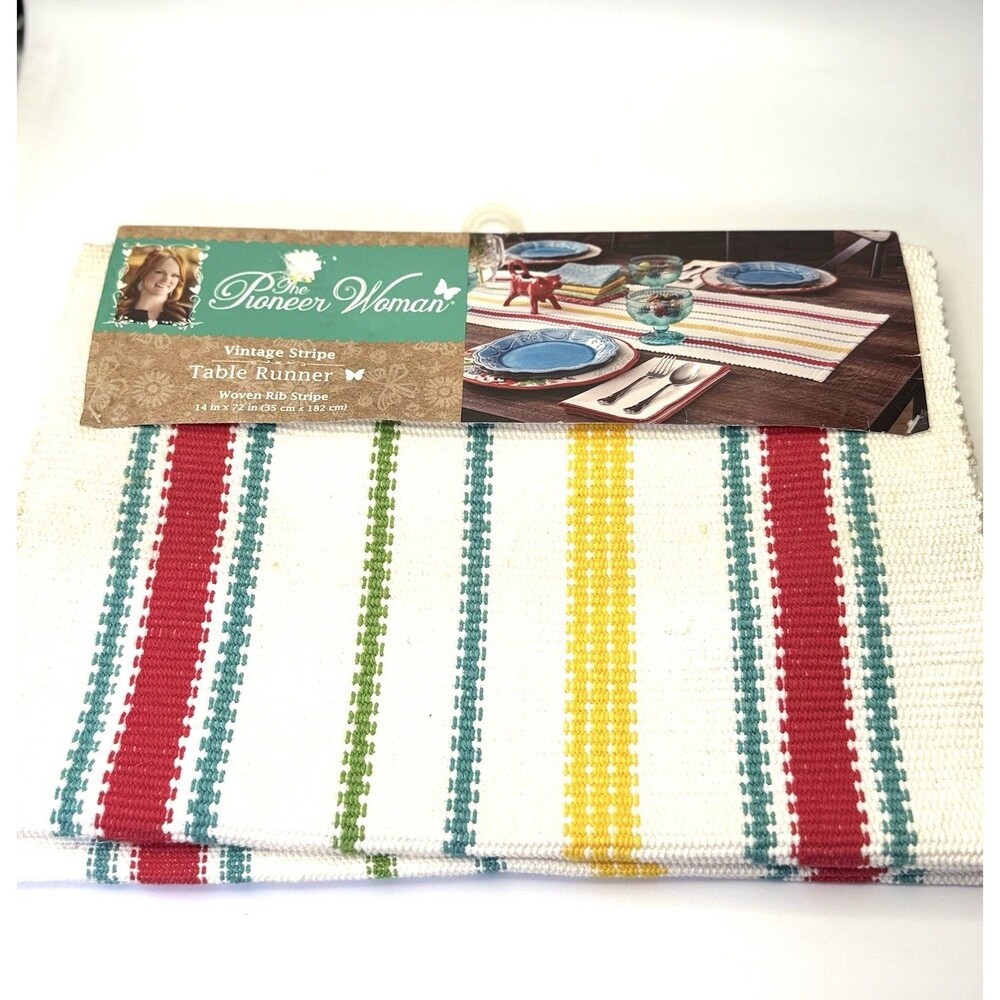 Pioneer Woman Table Runner Vintage Stripe 14” X 72” Woven Farmhouse Country